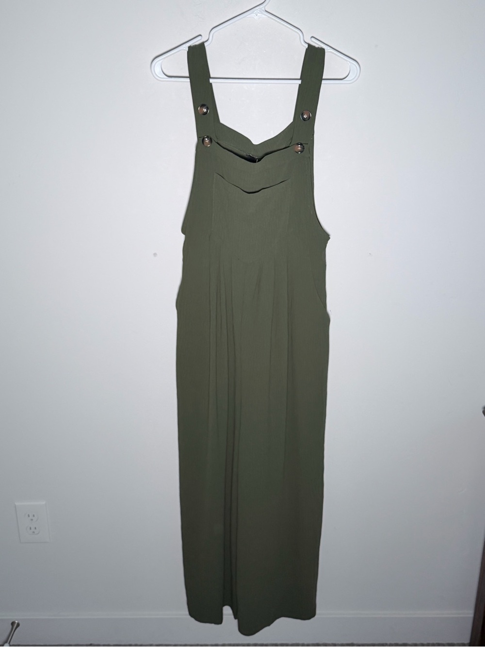 Olive Green Maxi Overall Dress with Button-Strap Detail